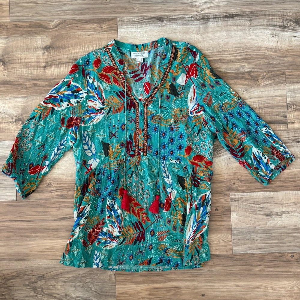 Orientique Naturally Australian Teal Boho Tassle Top